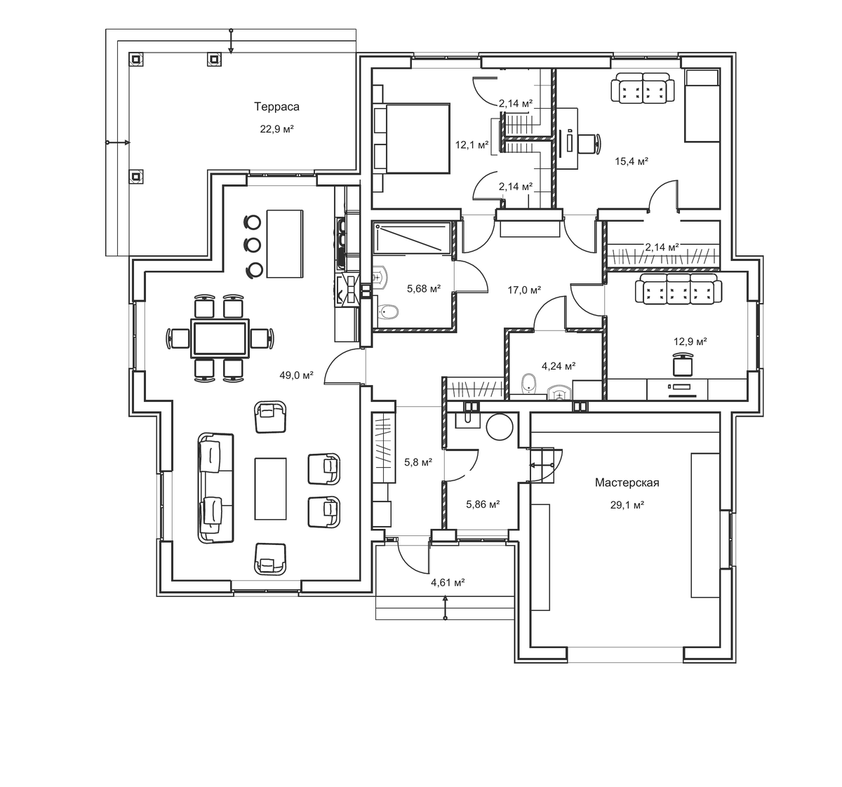 Дом с мастерской. План дома: мастерская 29,1 м², кабинет 12,9 м² и кухня-гостиная 49 м². Полный состав помещений — на странице проекта.